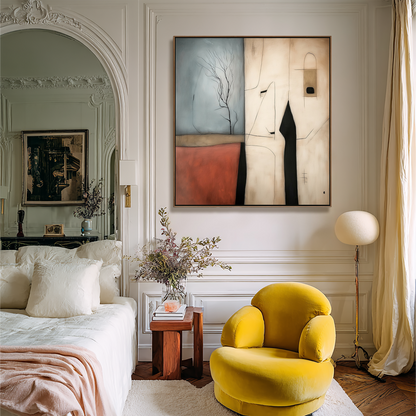 Silent Vista: Wabi Sabi Textured Abstract Landscape Painting with Minimalist Tree