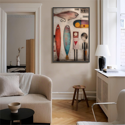 The Curious Lineup: Whimsical Textured Abstract Fish Painting for Kids' Room Decor