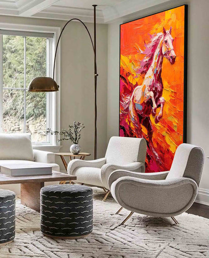 Sunset Gallop: A Fiery Textured Horse Wall Art for Living Room
