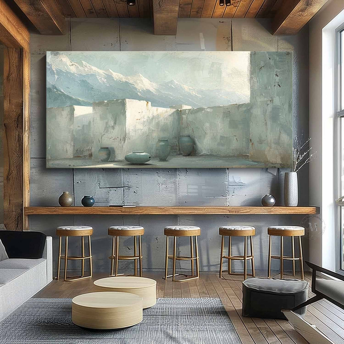 Courtyard Mountain Landscape Wall Art, Blue Neutral Textured Canvas with Pottery