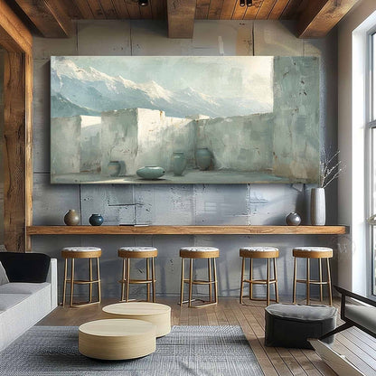 Courtyard Mountain Landscape Wall Art, Blue Neutral Textured Canvas with Pottery