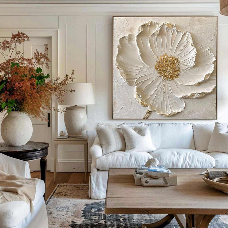 Gilded Bloom: A Textured 3D Flower Wall Art for Bedroom Decor