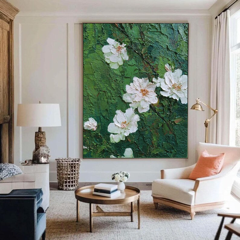 White Blossoms: A Green Textured Wall Art for Living Room Decor