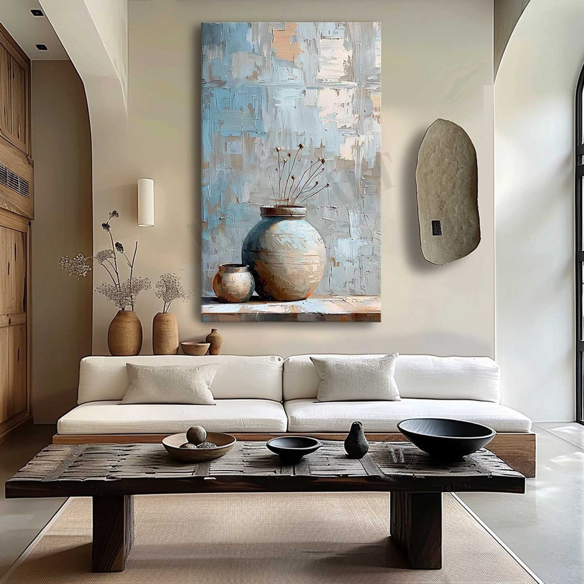 Wabi Sabi Blue Vase Still Life Wall Art, Textured Neutral Canvas Painting for Living Room