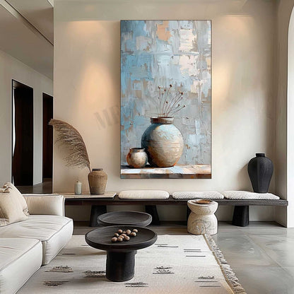 Wabi Sabi Blue Vase Still Life Wall Art, Textured Neutral Canvas Painting for Living Room