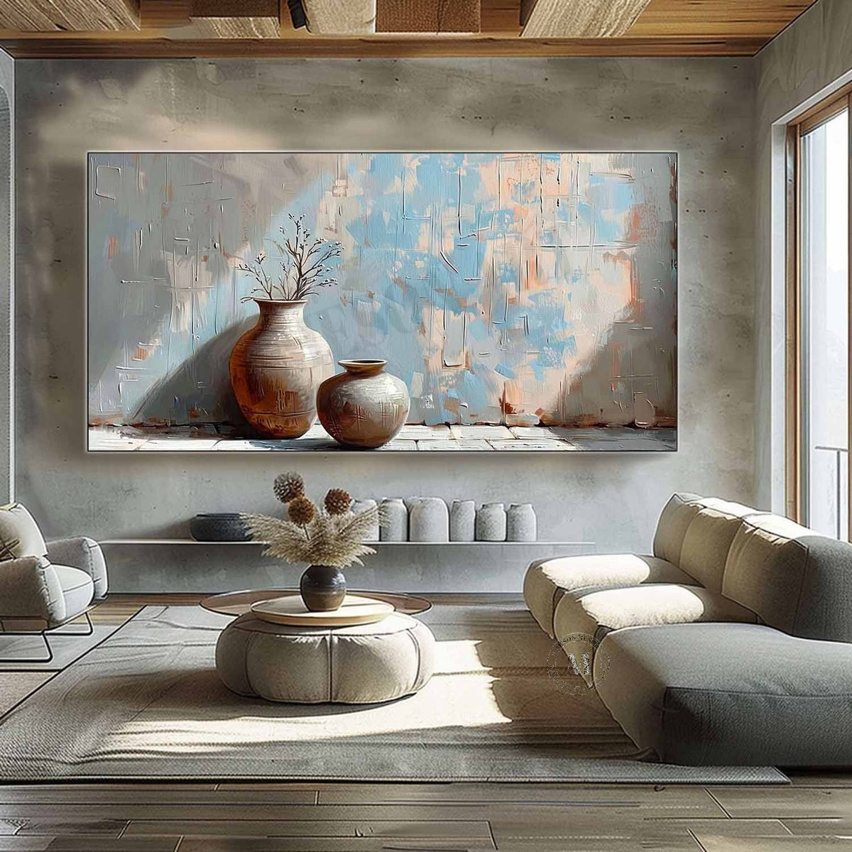 Wabi Sabi Blue Pottery Still Life Wall Art, Textured Neutral Canvas for Living Room Decor
