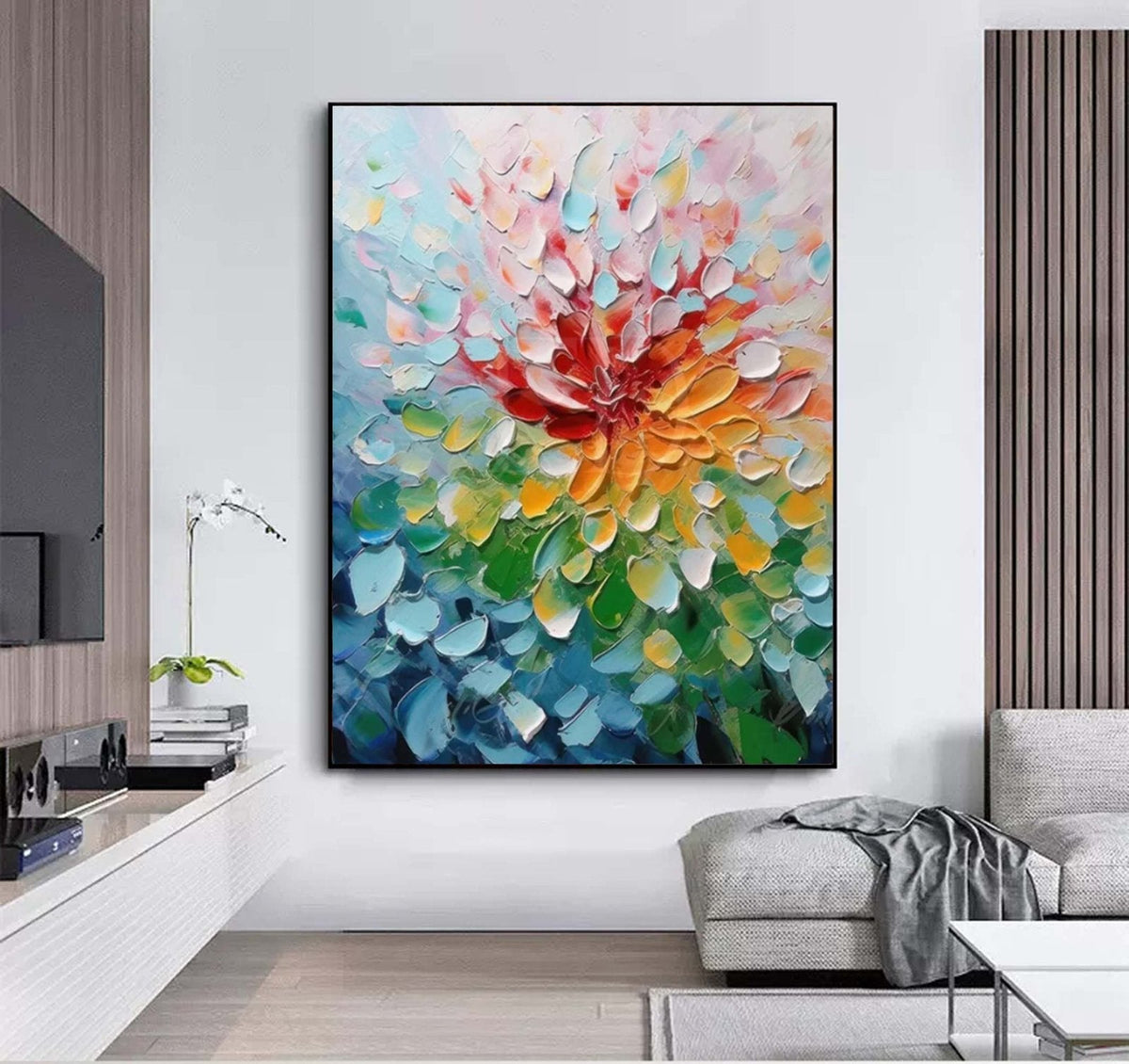 Chromatic Bloom: Textured Abstract Floral Paintings for Bedroom Decor