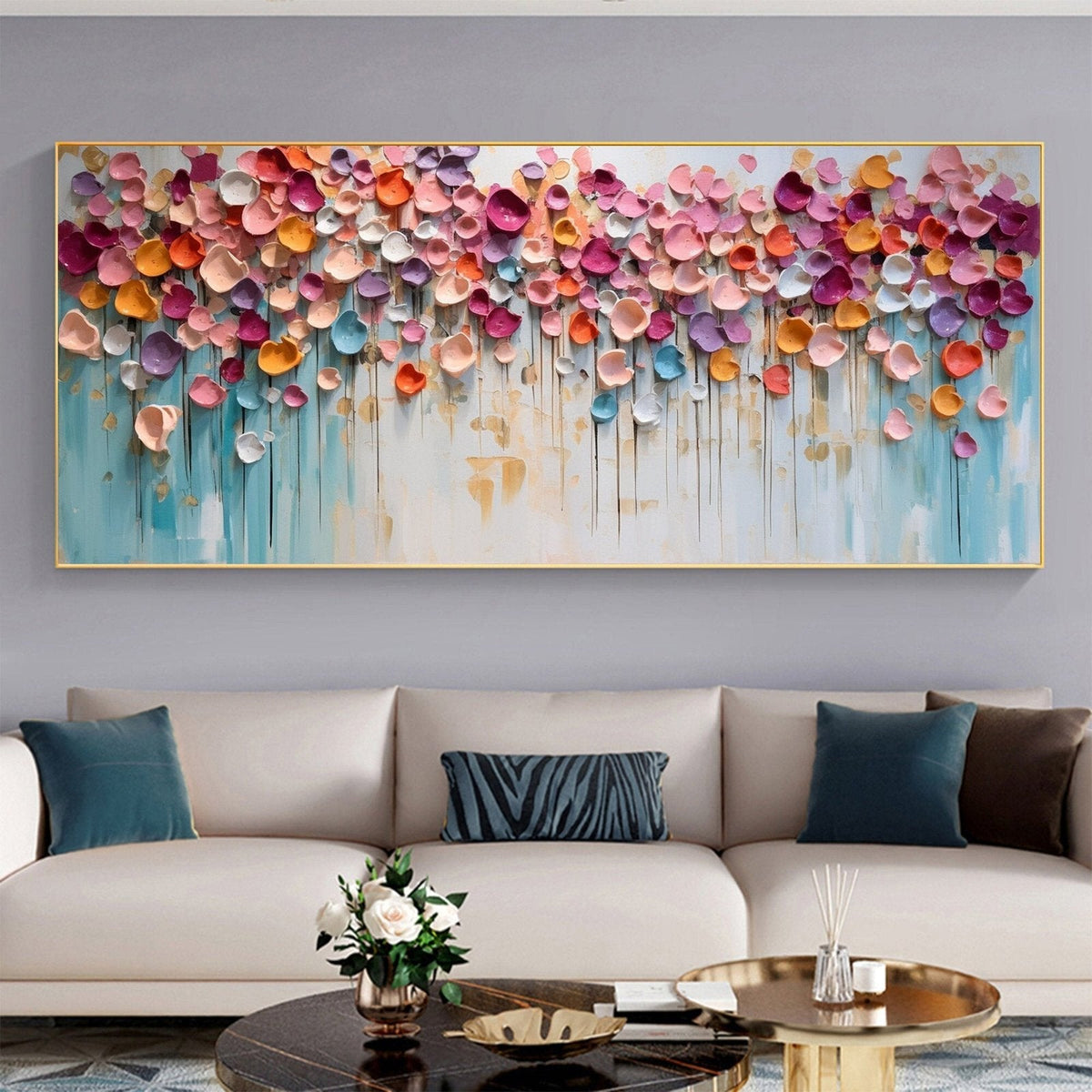 Petal Cascade: A Textured Abstract Floral Paintings for Living Room