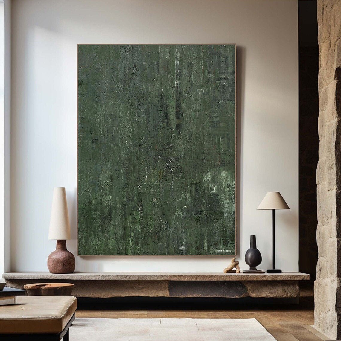 Veridian Depths: A Large Minimalist Green Abstract Wall Art for Earthy Interiors