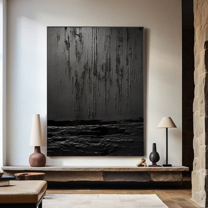 Nocturne Terrain: A Bold Textured Black Abstract Wall Art for Modern Interiors