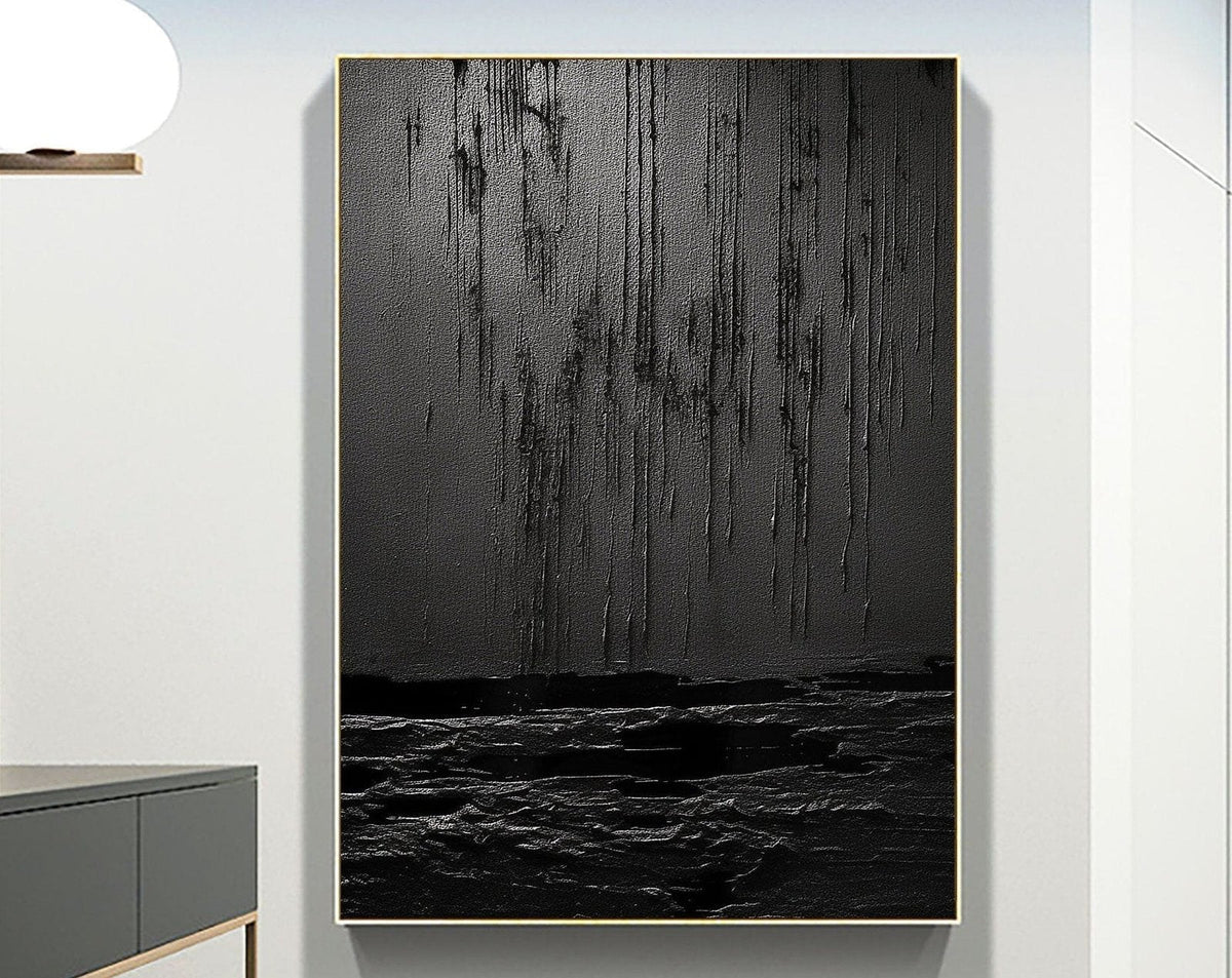 Nocturne Terrain: A Bold Textured Black Abstract Wall Art for Modern Interiors