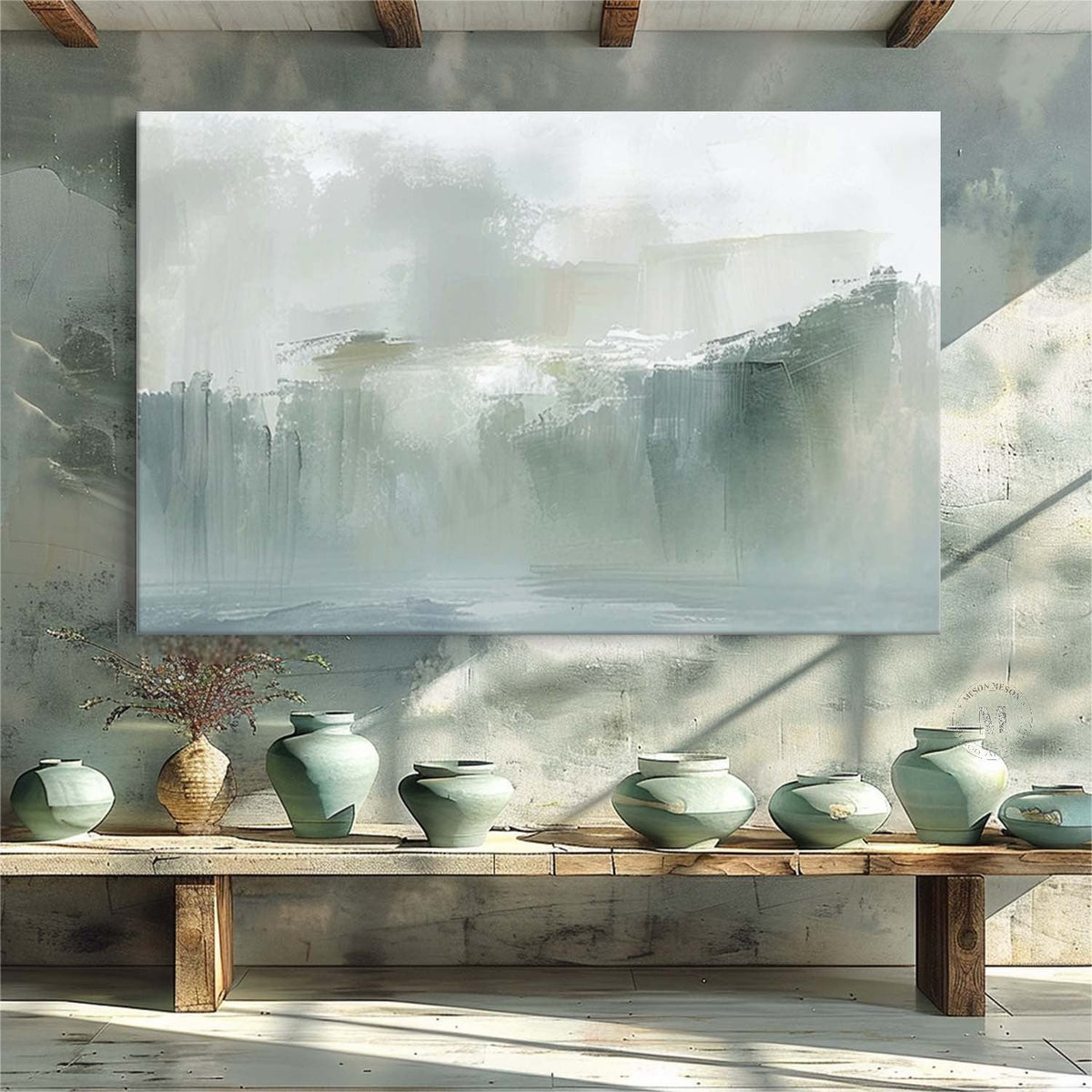 Misty Green Landscape Wall Art, Minimal Blue Gray Textured Canvas for Living Room