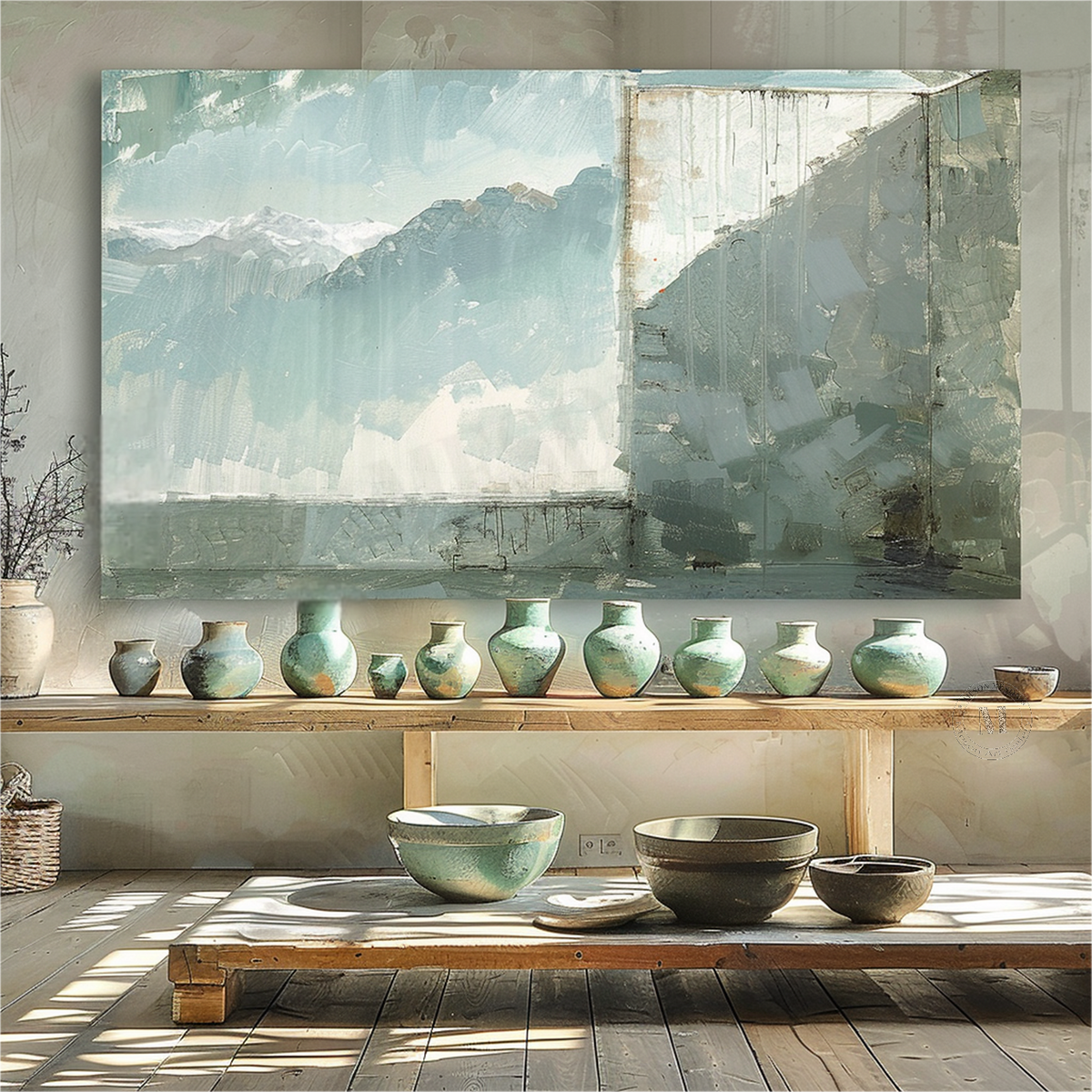 Blue Green Mountain Landscape Wall Art, Minimal Textured Canvas for Living Room