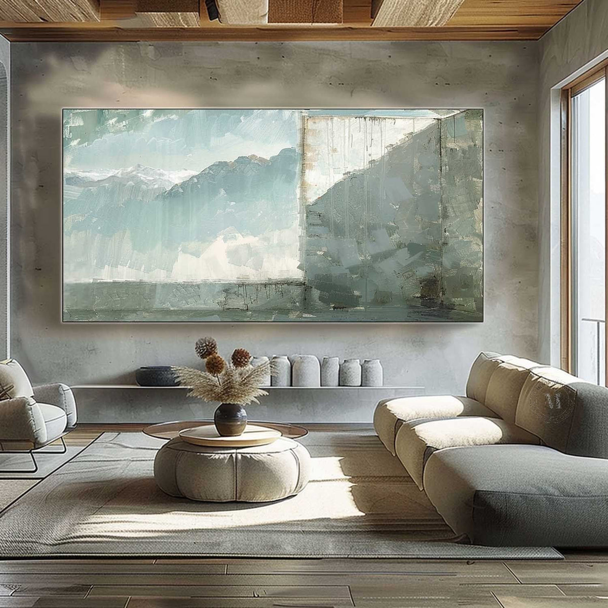 Blue Green Mountain Landscape Wall Art, Minimal Textured Canvas for Living Room